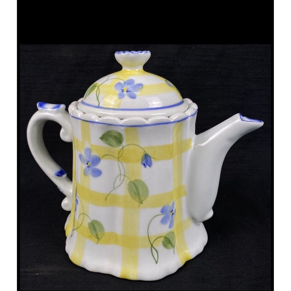 Vintage Andrea by Sadek Teapot Yellow Plaid Check Blue Violets Flowers 7"